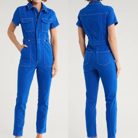 NWT GOOD AMERICAN fit for success stretch cotton twill wave Blue Jumpsuit S - Picture 1 of 7